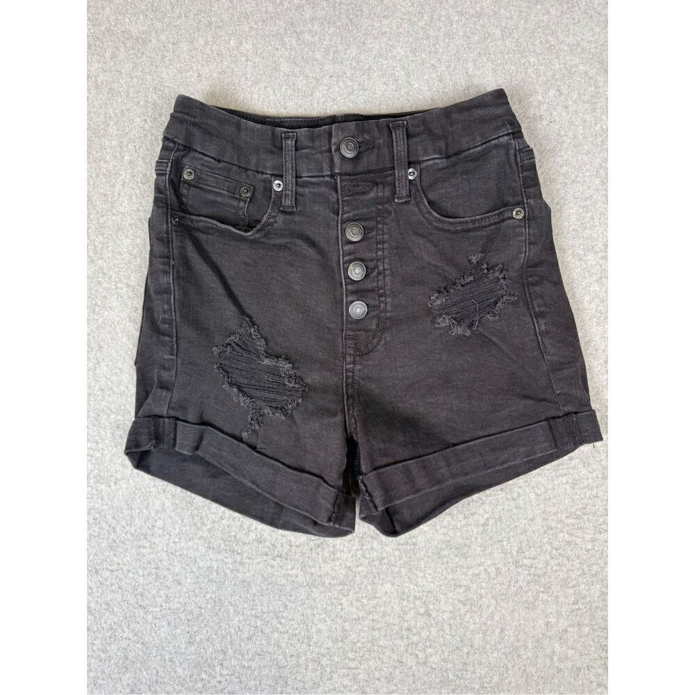 Aeropostale Womens 4 Super High Rise Button Fly Shorts Black Distressed Curvy